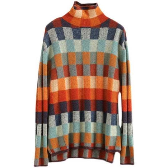 Damen Strickpullover mit modernem Karomuster und hohem Kragen EB