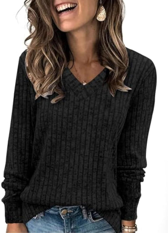 Damen gerippter V‑Ausschnitt Feinstrickpullover mit längerem Arm EB