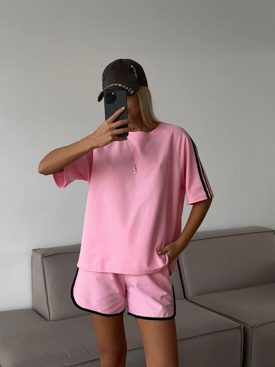 Damen lässiges Kurzarm-Set aus T-Shirt und Shorts mit Kontrastnähten EB
