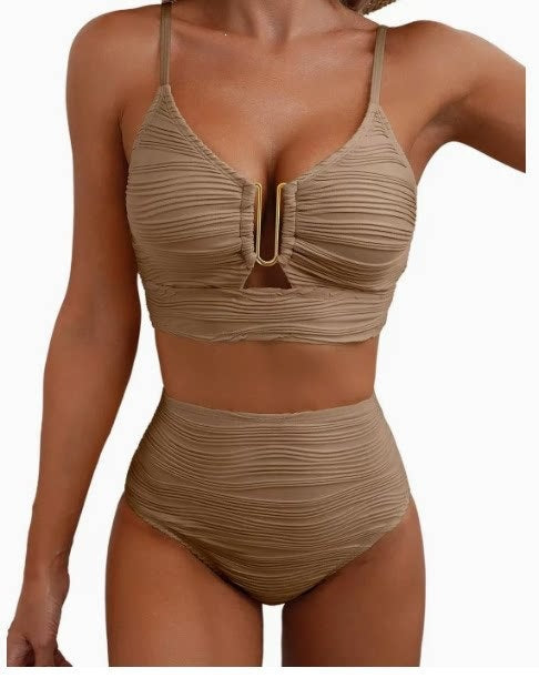 Damen Hochgeschnittener Bikini mit modischem Plissee-Design EB