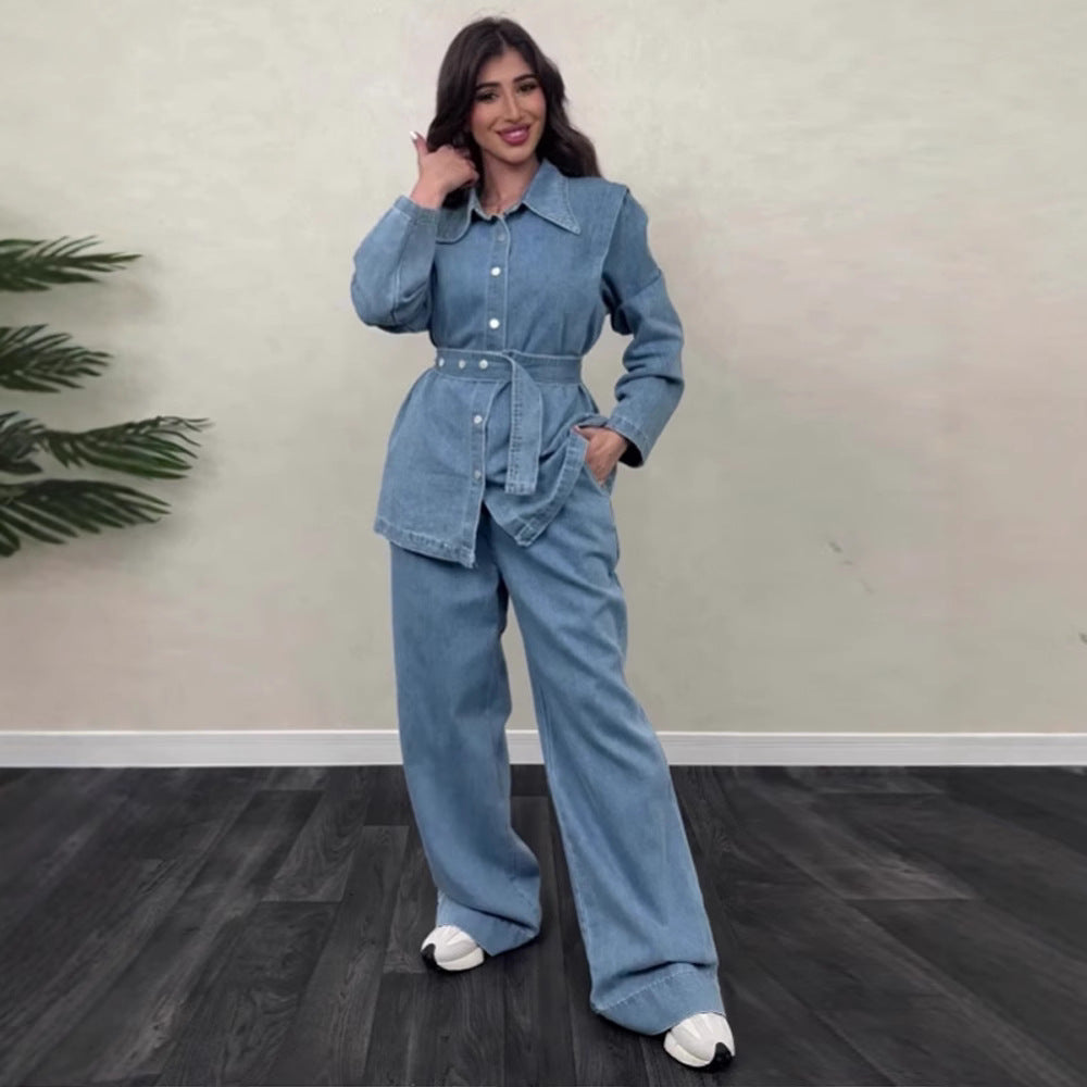 Damen Denim-Jumpsuit mit elegantem Gürtel und weitem Bein EB
