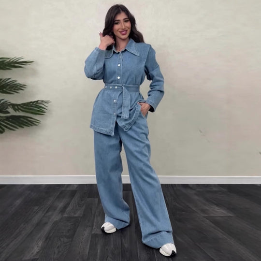 Damen Denim-Jumpsuit mit elegantem Gürtel und weitem Bein EB