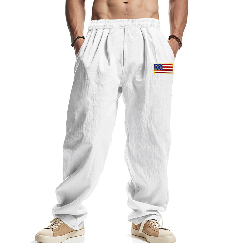 Herren Locker sitzende Freizeit-Hose im Leinen-Look mit elastischem Bund, Kordelzug & Flaggenpatch EB