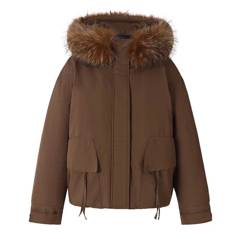 Damen nan kurze Isolationsjacke im Boxy-Schnitt mit voluminöser Webpelzblende und funktionalen Klappentaschen EB