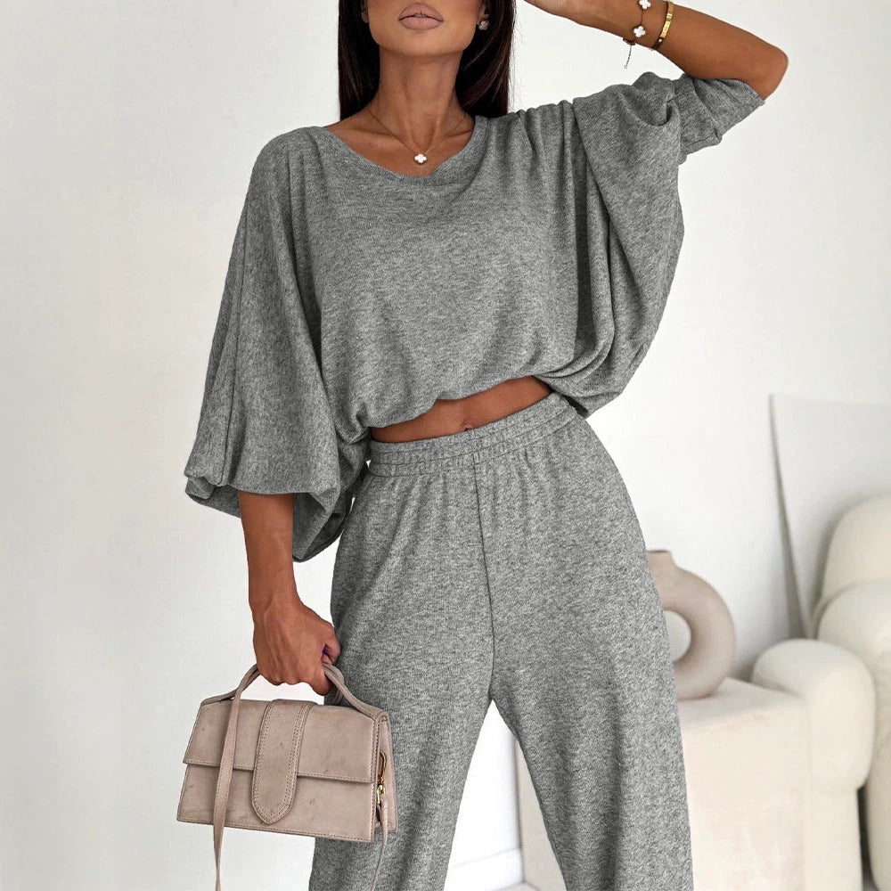 Damen Lässiges Strick-Lounge-Set mit Fledermausärmeln und High-Waist-Joggpants EB