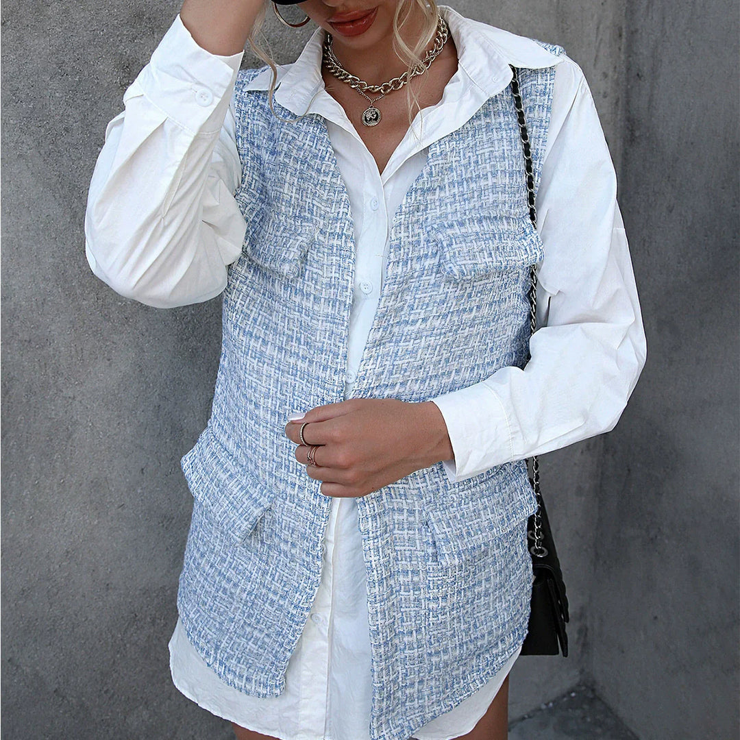EB | Strickjacke Weste Lässige Passform Midi Länge Offene Vorderseite Karomuster
