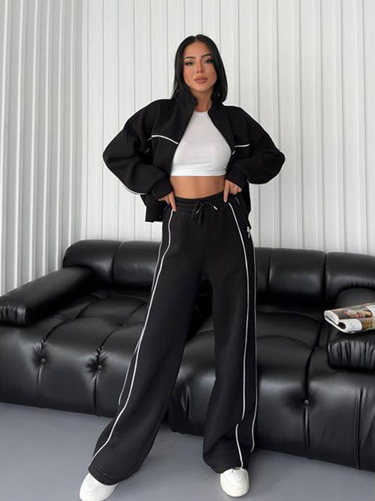 Damen nan Oversize Trainingsanzug Set mit Reißverschluss hohem Kragen und Kontrastpaspeln EB