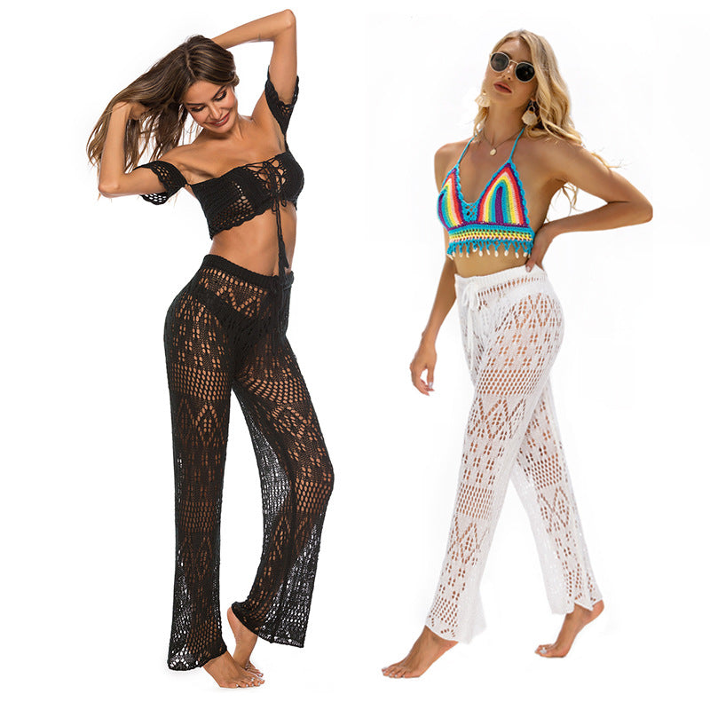 Damen Häkel-Strandhose mit weitem Schnitt und modernem Lochdesign EB