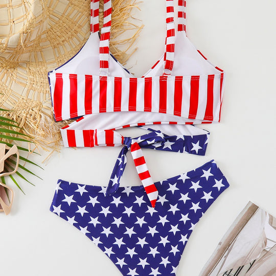 Damen Triangel-Bikini-Set mit asymmetrischem Schnitt und buntem Sternen-Design EB