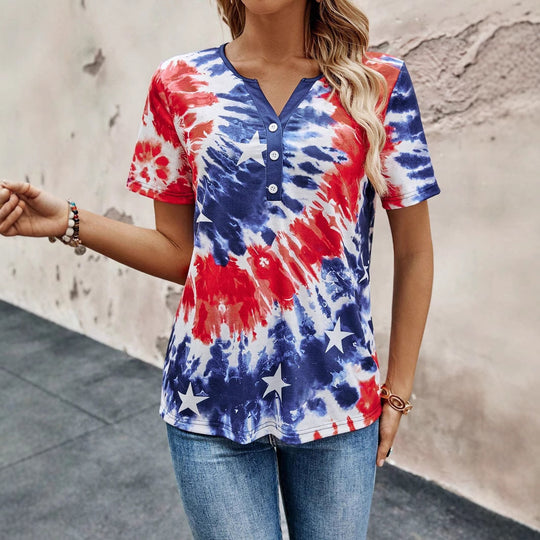 Damen Kurzarm T-Shirt mit knöpfbarem Ausschnitt und verspieltem Batik-Design EB