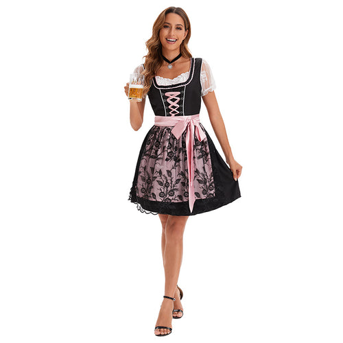 Damen nan traditionelles kurzes Dirndl mit Korsett-Schnürung und Spitzen-Schürze EB