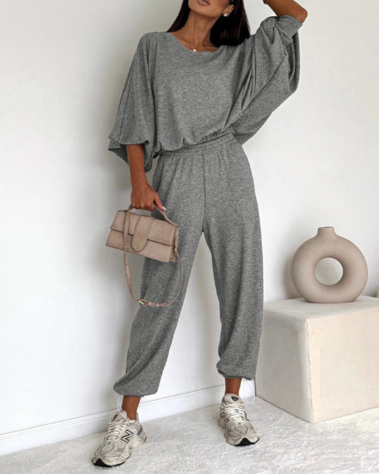 Damen Lässiges Strick-Lounge-Set mit Fledermausärmeln und High-Waist-Joggpants EB