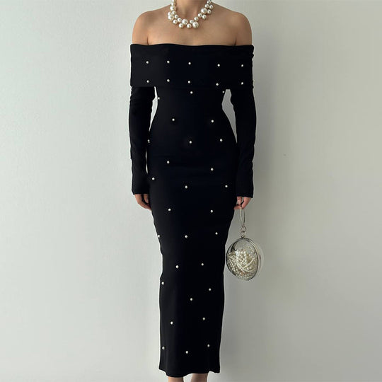 Damen schulterfreies Maxikleid mit eleganter Perlenverzierung und figurbetontem Schnitt EB
