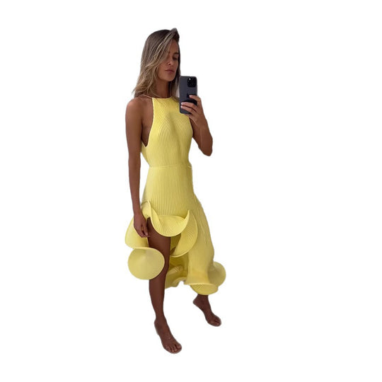Damen Maxikleid mit asymmetrischem Volant und elegantem Faltenrock EB