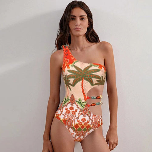 Damen Einteiler Badeanzug mit modischem Cut-Out und passendem Strandrock EB