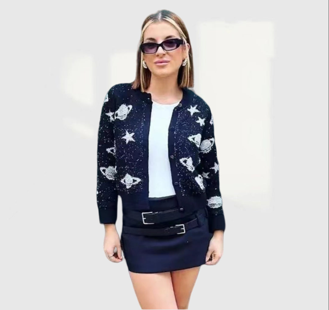 Damen modische Strickjacke mit auffälligem Sternen- und Planetenmotiv EB