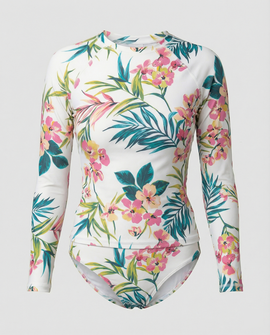 Damen Sportlicher Rashguard-Bikini-Set mit langem Arm und floralem Design EB