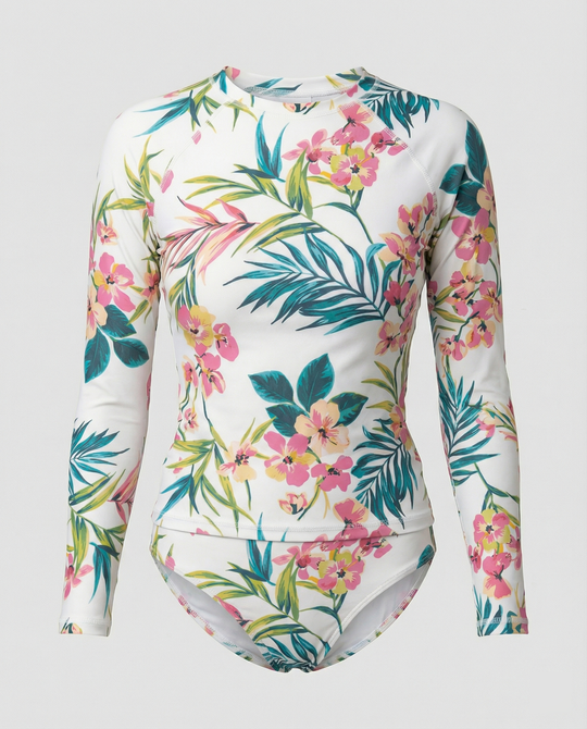 Damen Sportlicher Rashguard-Bikini-Set mit langem Arm und floralem Design EB