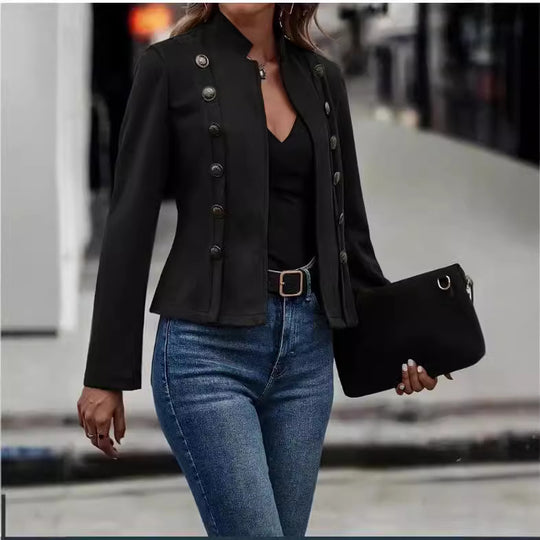 Damen modische Suedejacke mit steigendem Kragen und Knöpfen EB