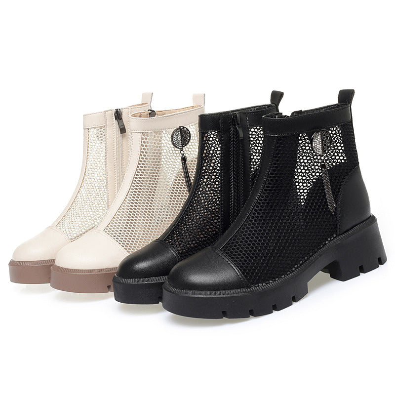 Damen Mesh-Stiefeletten mit robustem Blockabsatz und elegantem Schmuckdetail EB