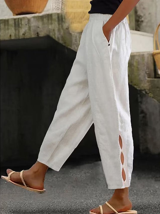 Damen Leichte Leinenhose mit seitlichen Schlitzen und elastischem Bund EB