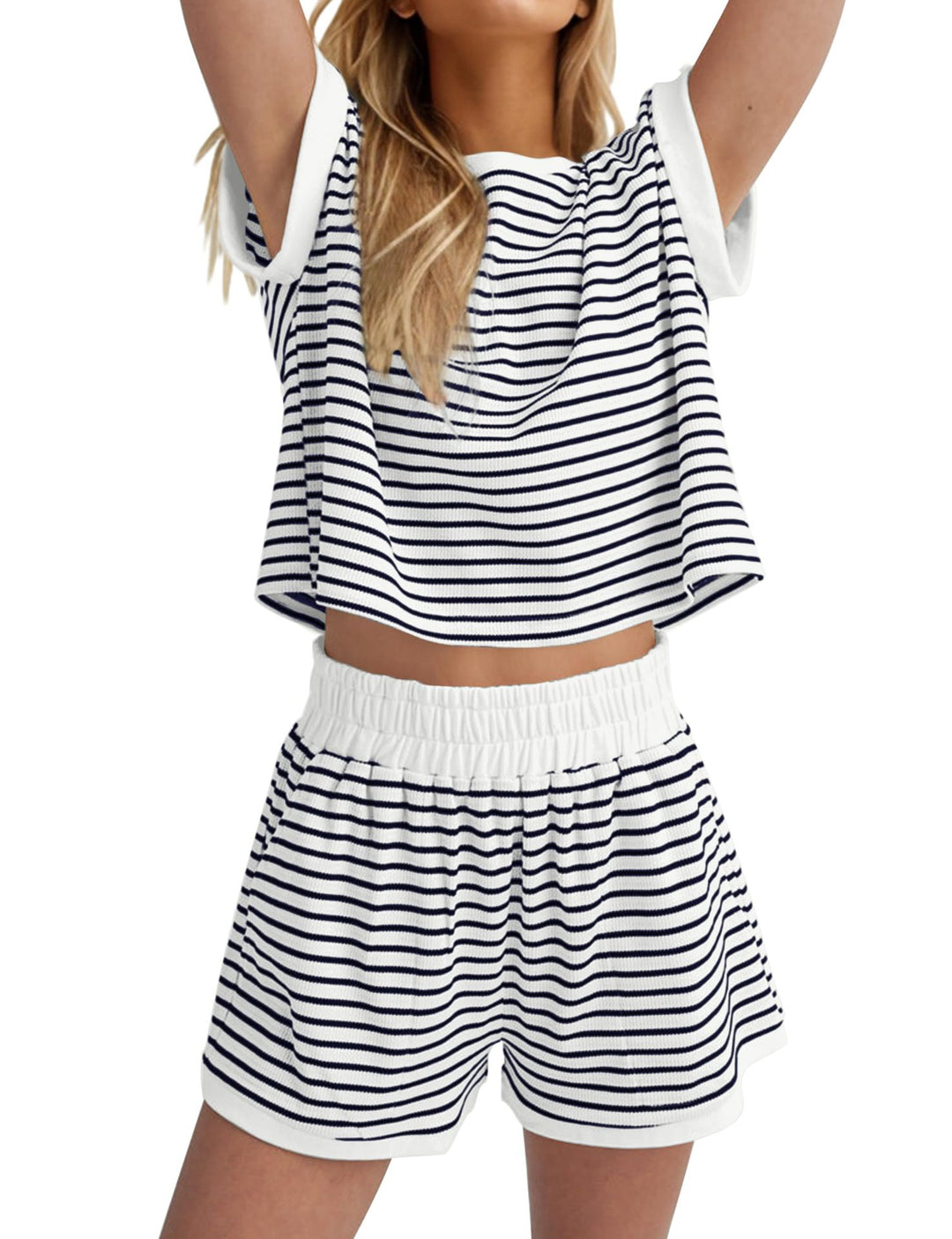 Damen Lässiges gestreiftes Set aus lockerer Oberteil und Shorts EB