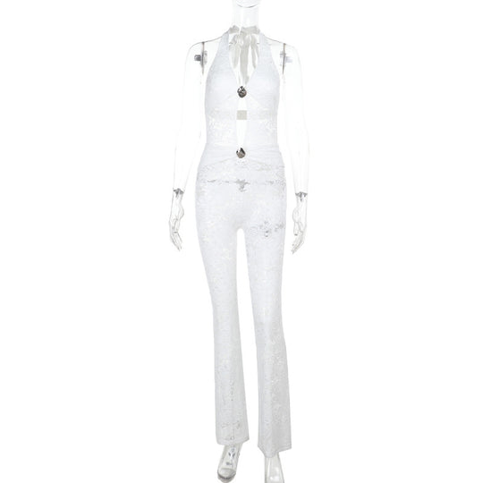 Damen Jumpsuit mit elegantem Spitzendetail und tiefem V-Ausschnitt EB
