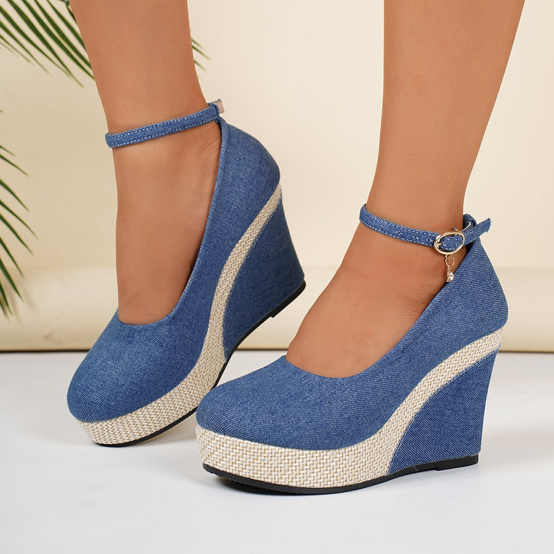 Damen Wedge-Pumps mit schnallenverziertem Fesselriemen und geflochtenem Absatz EB