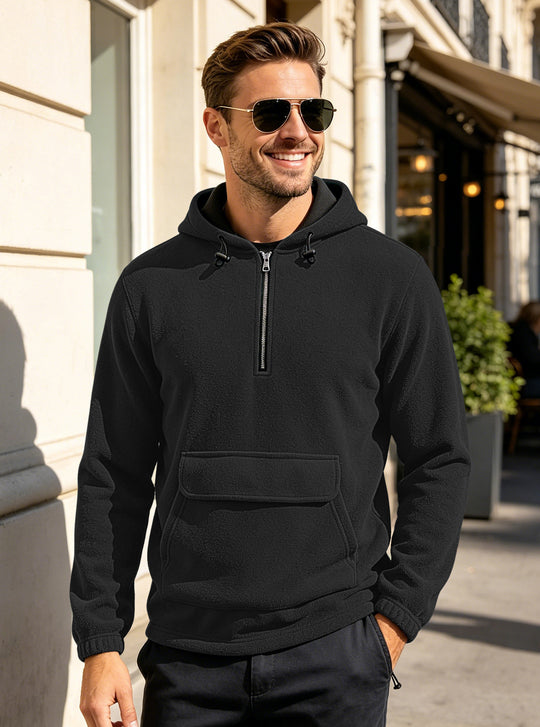 Herren Fleece-Hoodie mit halbem Reißverschluss, Kängurutasche und verstellbarer Kapuze EB