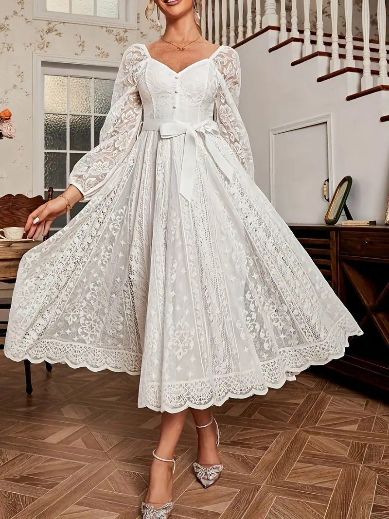 Damen Elegantes Spitze Midi-Kleid mit puffärmel und Taillenbindung EB