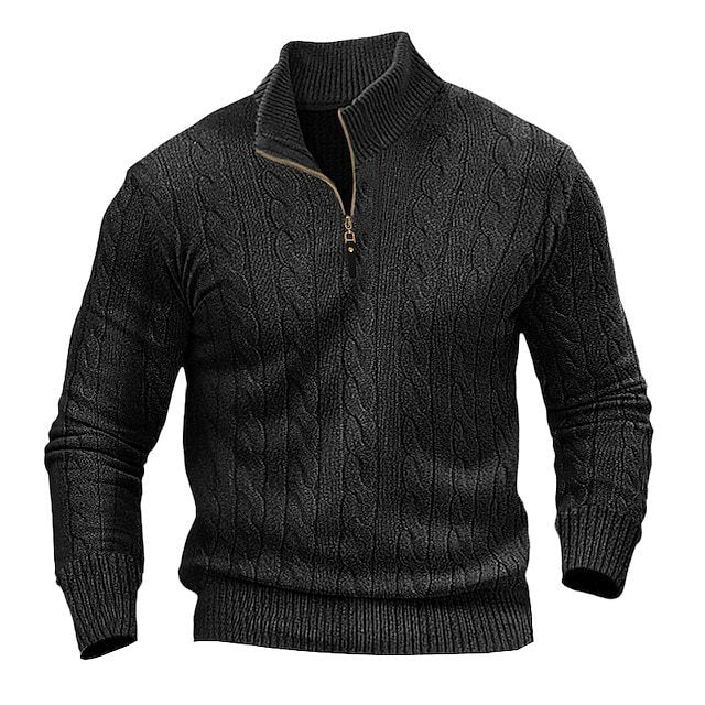 Herren stylischer Strickpullover mit halb offenem Kragen und Zopfmuster EB