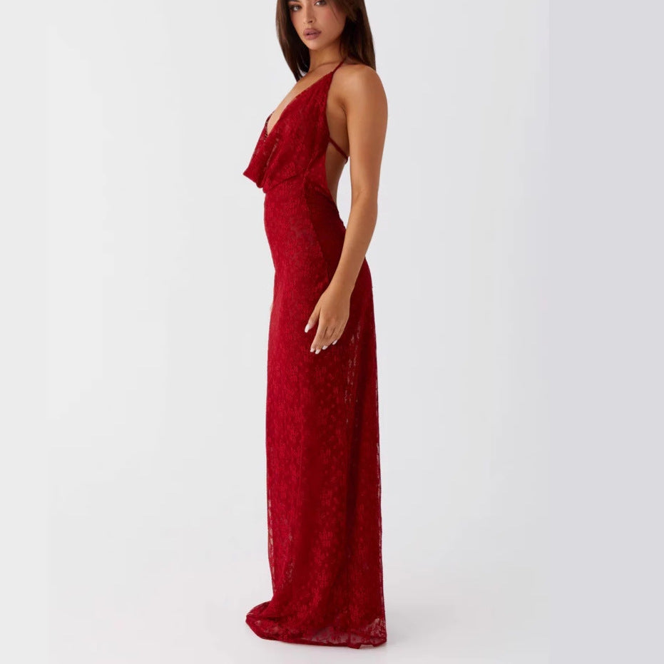 Damen Elegantes Abendkleid aus feiner Spitze mit tiefem V-Ausschnitt EB
