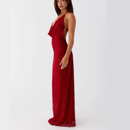 Damen Elegantes Abendkleid aus feiner Spitze mit tiefem V-Ausschnitt EB