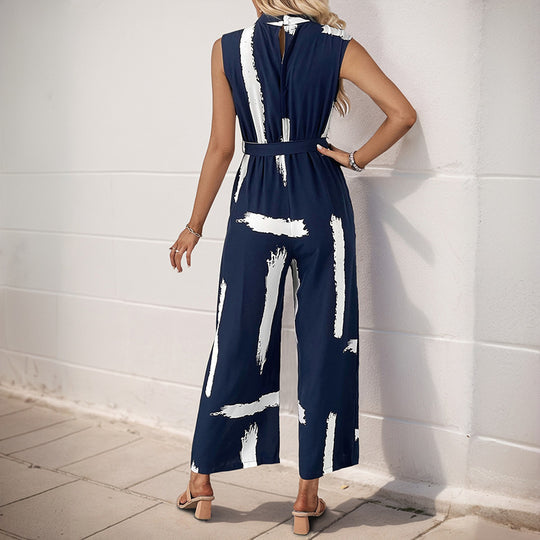 Damen Modischer Jumpsuit mit Taillengürtel und weitem Bein EB