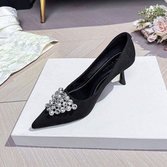 Damen elegante spitze Pumps mit strassverzierter Schleife EB