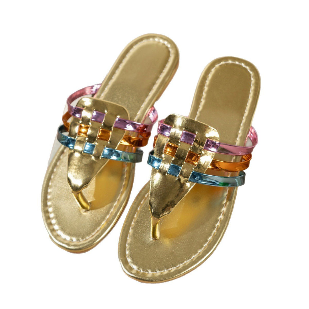 Damen modische Zehentrenner-Sandalen mit farbenfrohen, geflochtenen Riemen EB