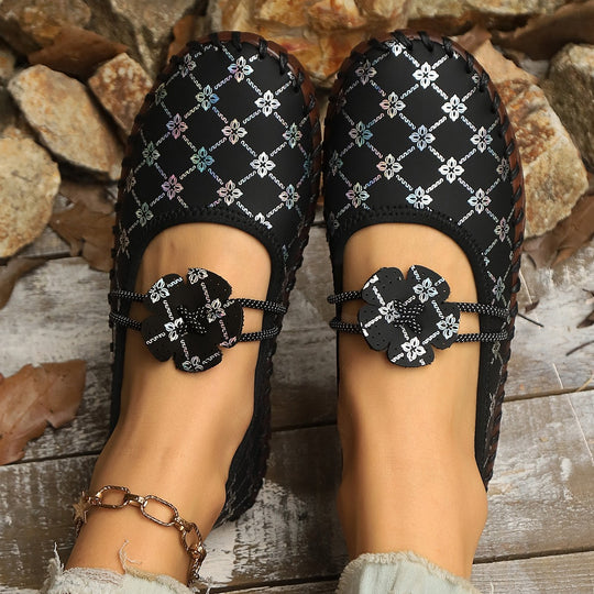 Damen nan flache Mokassin-Ballerina mit Paisley-Laserprint elastischem Kordelverschluss handgenähter Rahmennaht und flexibler profilter Laufsohle EB