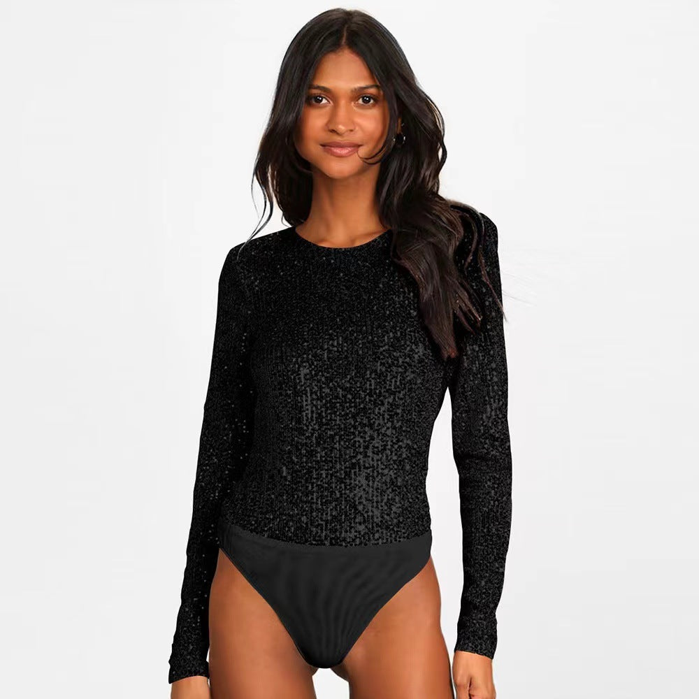 Damen Funktionsreicher Pailletten-Bodysuit mit langem Arm EB