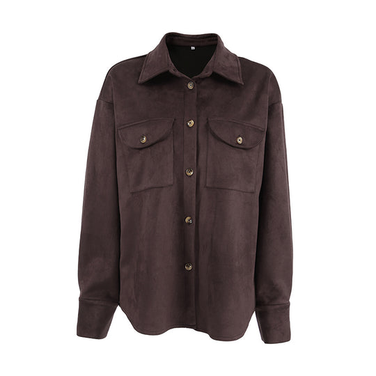 Damen Modische Suede Oversized Hemdjacke mit praktischen Taschen EB