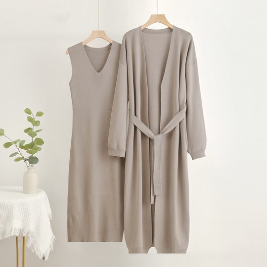 Damen 2-teiliges Kleid und Cardigan-Set mit V-Ausschnitt EB