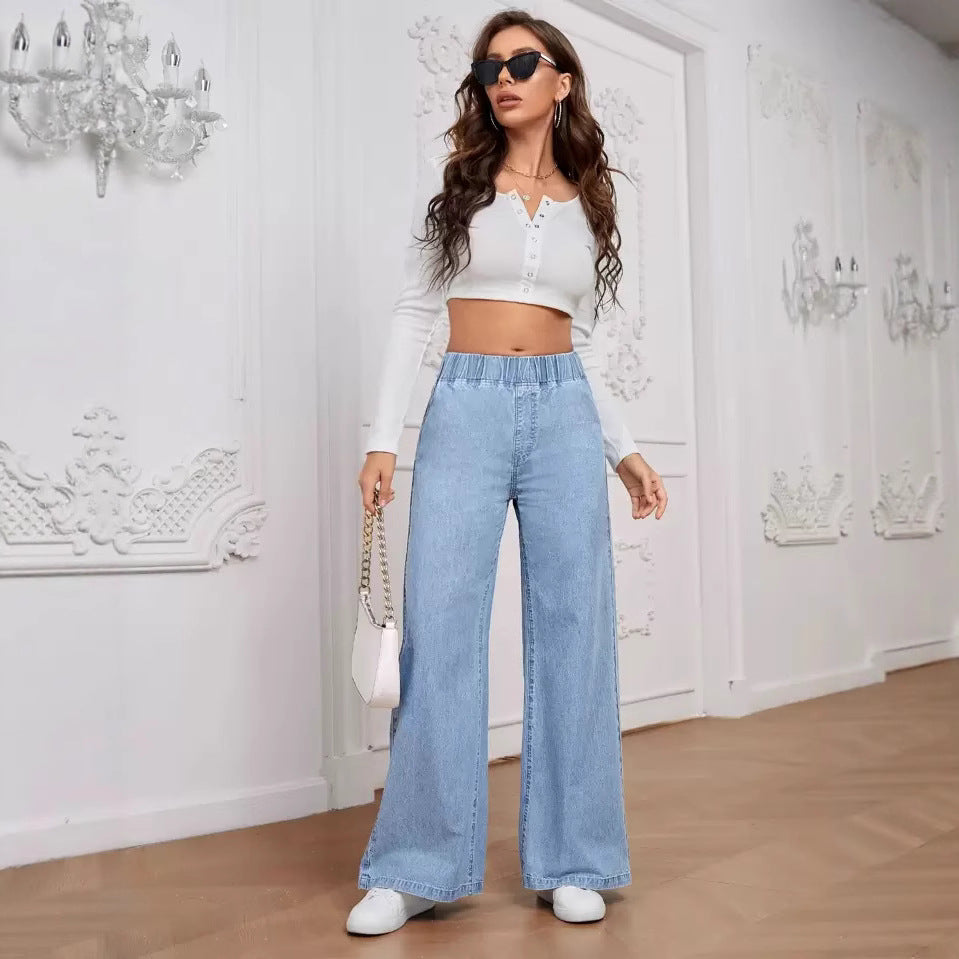 Damen Weite Jeanshose mit elastischem Bund und dekorativen Nähten EB