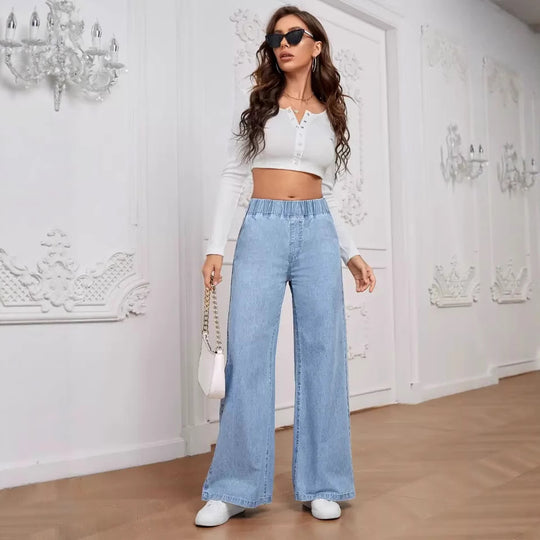 Damen Weite Jeanshose mit elastischem Bund und dekorativen Nähten EB
