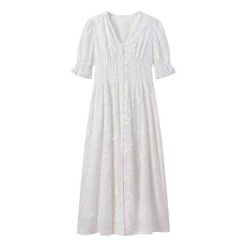 Damen Maxikleid mit floralem Bestickungsdesign und eleganten Puffärmeln EB