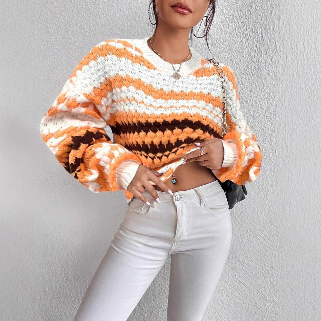 Damen Strickpullover mit kreativem Lochmuster und modischen Farbakzenten EB