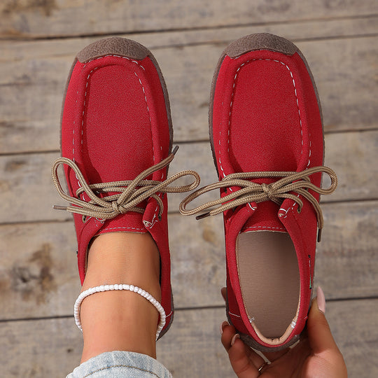 Damen  lässige Mokassin-Slipper aus Veloursimitat mit dekorativer Ziernaht, elastischer Schnürung und flexibler Gummisohle EB