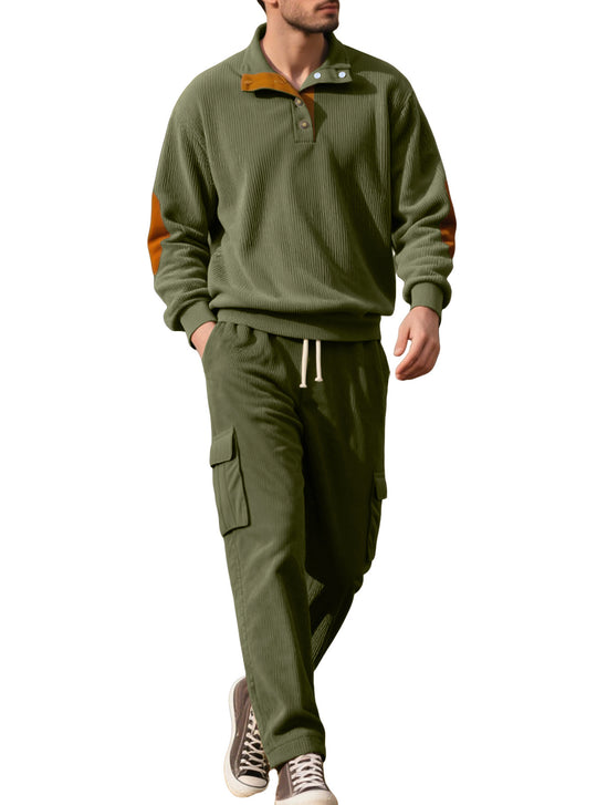 Herren nan strukturierter Troyer-Pullover mit Stehkragen Druckknopfleiste und Velours-Ellenbogenpatch EB
