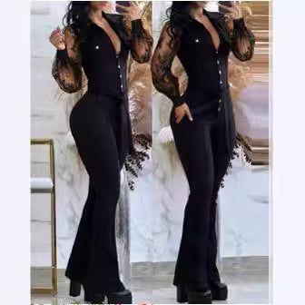 Damen Eleganter Overall mit transparenten Ärmeln und tailliertem Schnitt EB