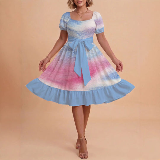 Damen Retro Maxikleid mit Puffärmeln und Taillengürtel EB