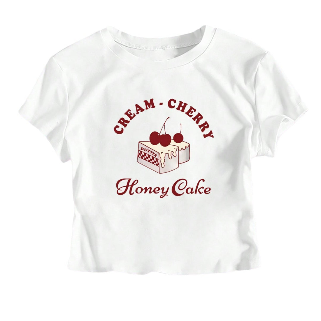 Damen Crop-T-Shirt mit kreativem Dessert-Motiv und modernem Schnitt EB