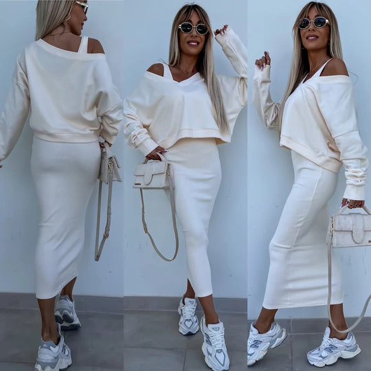 Damen weiches geripptes Lounge-Set mit Oversize-Viskoseshirt und High-Waist Schlaghose EB